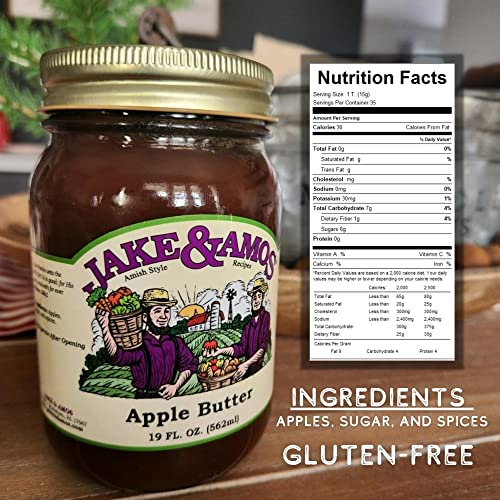 Jake & Amos Apple Butter Old Fashion Gourmet - All-Natural, Gluten-Free Fruit Spread - Apple Spread With Apples, Cinnamon & Spices - No Corn Syrup, Preservatives Or Trans-Fats - Two 19Oz Jars #TOP1