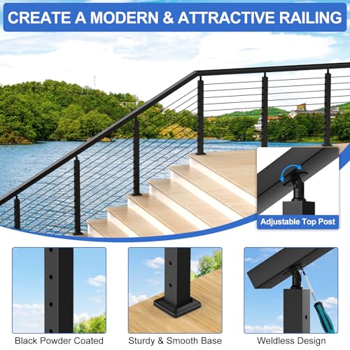 Image of 4FT-10FT Complete Set Stair Cable Railing Kit, 36 inch Black Swageless Cable Railing Kit Includes 2Pack Angle Stair Posts(35 inchx2 inchx2 inch) for 25-35 Stair, 150FT 1 /8 inch Wire Rope,MY06-SP