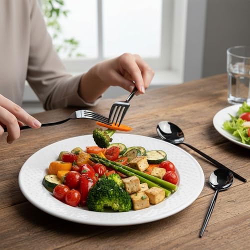 Image of 25 Pcs Black Cutlery Set for Dining Table the Perfect Lightweight Silim Handle Tableware Including Dinner Spoon, Dinner Fork, Dinner Knife, Dessert Spoon & Dessert Fork