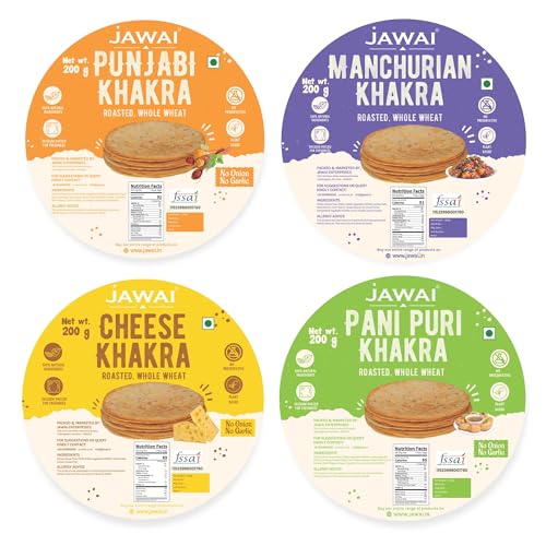 JAWAI ROASTED WHOLE WHEAT KHAKRA COMBO- Punjabi, Manchurian, Cheese, Pani puri Khakhra, Plant Based, Ready To Eat Healthy Snacks Vaccum Packed (Pack of 4-200 gms each)