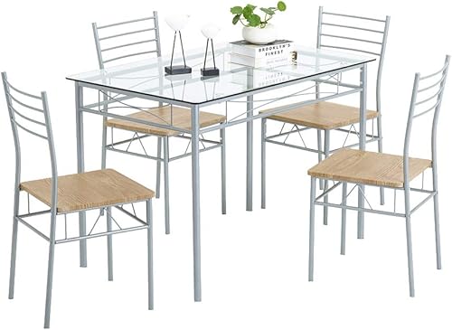 hf-Choous Iron Glass Dining Table and Chairs Silver One Table and Four Chairs MDF Cushion