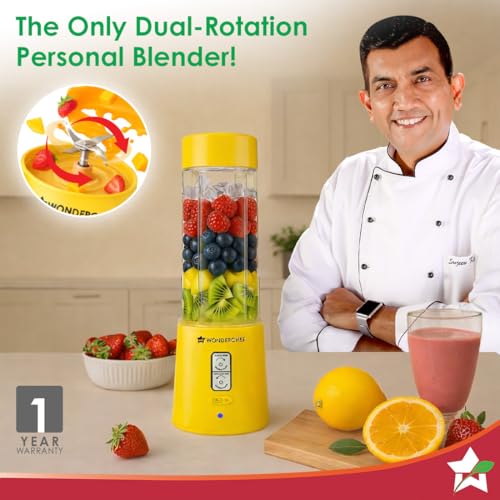 Image of Wonderchef Twister Portable Blender, 500ml, Dual-rotation Stainless-steel Blades, For Crushing Ice, Smoothies, Shakes, Salad Dressings, For Backpacks /Office Bags, Type-c Charge, 1-Yr Warranty, Yellow