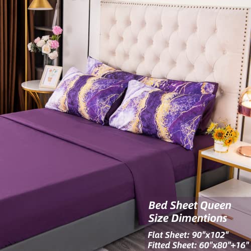 Perfemet 6 Pcs Bed-In-A-Bag Purple Watercolor Marble Colorful Comforter Set,Ultra Soft And Lightweight Bedding Comforter Sheets Set,Luxurious Bedroom Decoration Durable Quilt Set (Purple,Queen) #TOP4