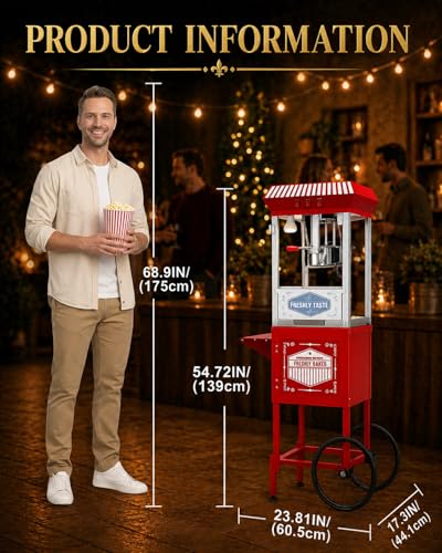 Image of 12 Oz Commercial Popcorn Machine Cart, 800 W, Popcorn Maker Machine with Stainless-Steel Kettle, Movie Theater Popcorn Machine with Steel Frame Tempered Glass Doors & Heated Warming Deck, Red