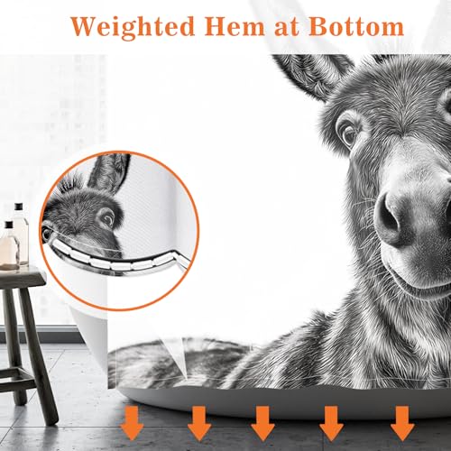 Image of Funny Donkey Nice Ass Shower Curtain Gag Gift Farmhouse Decor Animal Black and White Novelty Sarcastic Rustic Bathroom Bath Decor Bathtub Curtain Fabric Shower Curtain Set with 12 Hooks, 72 inchx72 inch