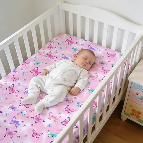 Image of JISEN Baby Crib Sheets Soft Breathable Butterfly Fitted Crib Sheets for Standard Crib and Toddler Mattress Baby Bed Sheets for Boys Girls Neutral 52x28 Inch Pink