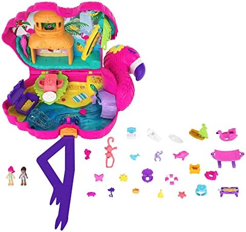 Polly Pocket Pink Flamingo Box with 26 Surprises Including Mini Figures Margot & Son Friend, Pop & Swap Mounting System, Tropic-Themed Play Spaces, Children's Toy, From 4 Years, HJN76