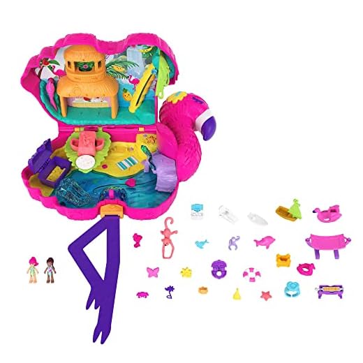 Polly Pocket Travel Toy, Flamingo Party Playset with 2 Micro Dolls and 26 Surprise Accessories, Animal Toy Compact