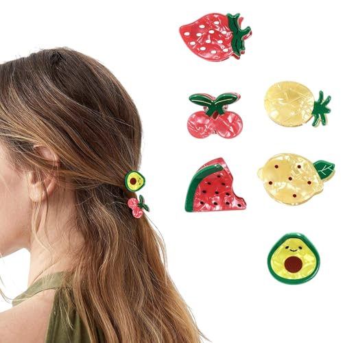 6 Pcs Fruit Hair Claw Clips for Women Girls, Strawberry, Watermelon, Avocado, Pineapple, Lemon, Cherry Hair Clips, Small Claw Clips, Cute Hair Claws, Holiday Hair Accessories for Thick and Thin Hair