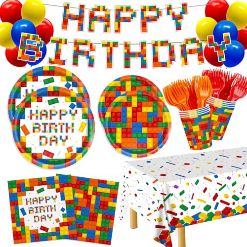 140pcs Building Block Party Supplies Colorful Building Block Plates and Napkins Cups Tablecloth Banner Forks Balloons for Boys Kid’s Building Blocks Party Serve 24