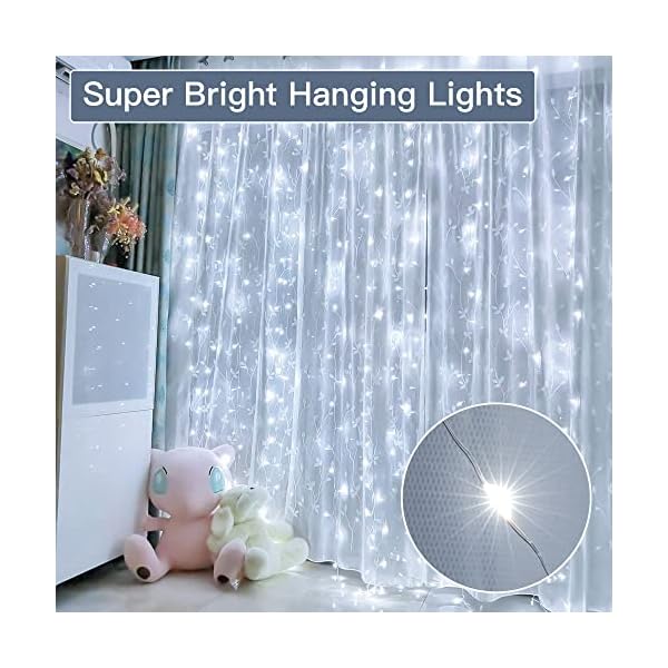 Ollny curtain lights for bedroom - 200led 6. 6x6. 6ft fairy lights curtain with 8 modes timer remote, usb power, waterproof hanging string lights for backdrop wedding party wall decorations - image 8