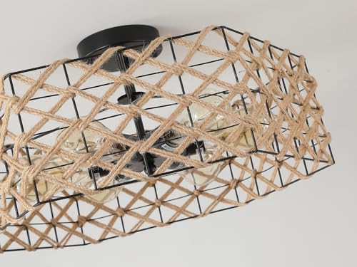 6-Light Large Coastal Boho Woven Flush Mount Ceiling Light Fixture 20 inch Handmade Hemp Rope Hexagon Cage Semi Flush Mount Ceiling Light for Hallway Entry Farmhouse Bedroom Living Room Beach, Black - Image 5