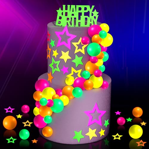 Wonderjune 57 Pcs Neon Cake Decorations Glow Cake Toppers Balls Paper UV Reactive for Glow in the Dark Neon Black Light Party Supplies and Decorations for Birthday Wedding