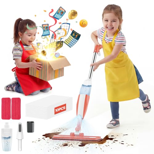 Kids Spray Mop Cleaning Set Washable Pads for Ages 3-8 with Stickers