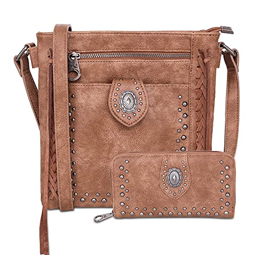 Montana West Leather Concho Crossbody Bag Collection Concealed Carry Bag For Women Shoulder Bag (A#With Wallet Brown)
