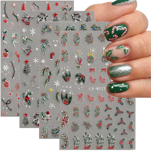 Zosutetoxo 4 Sheets Christmas Nail Art Stickers 5D Relief Design with Christmas Tree Reindeer Snowflake Motif Self-Adhesive Winter Nail Stickers for DIY Manicure