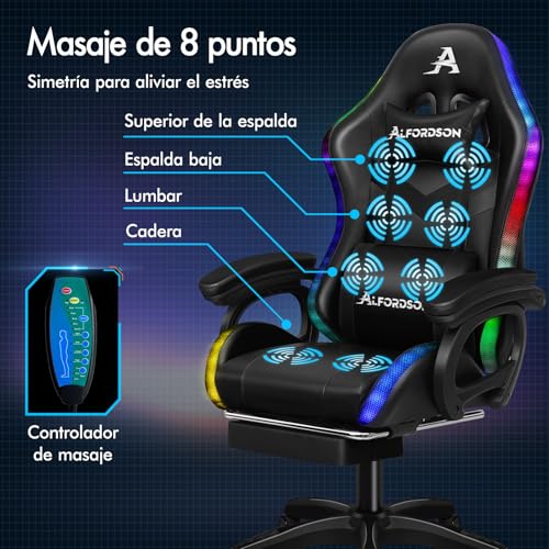 ALFORDSON Silla Gaming con RGB LED de 12 Colores y Masaje de 8 Puntos, Silla Gamer con Reposapiés, Reposacabeza y Cojín Lumbar, Silla Escritorio de Oficina Ergonomica, Piel PU, Negro - imagen 3