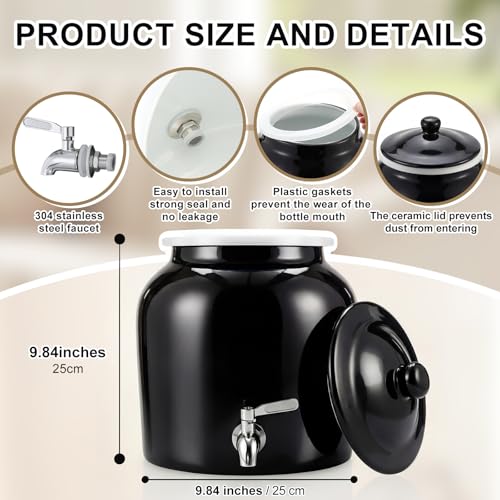 FillTouch 1 Set Ceramic Water Dispenser Crock Water Dispenser with 304 Stainless Steel Faucet, Valve and Lid for 3 to 5 Gallon Jugs Porcelain Cooler for Home Office Indoor (Regular Style,Black) by FillTouch - Image 2