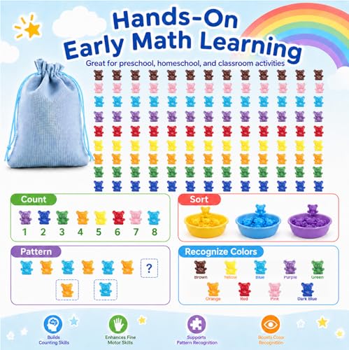Image of XINHUIDALSQ 180 Pcs Counting Bears, 0.62'' 9 Colors Rainbow Counting Mini Bears with Storage Bag, Plastic Sorting Bear Counters Math Manipulatives for Ages 3+ Kids, Back to School Supplies