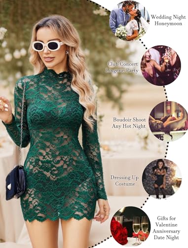Image of Avidlove Women's Long Sleeve Lace Cocktail Dress Sexy Transparent Lingerie Mini Babydoll Dresses for Party (no lining)