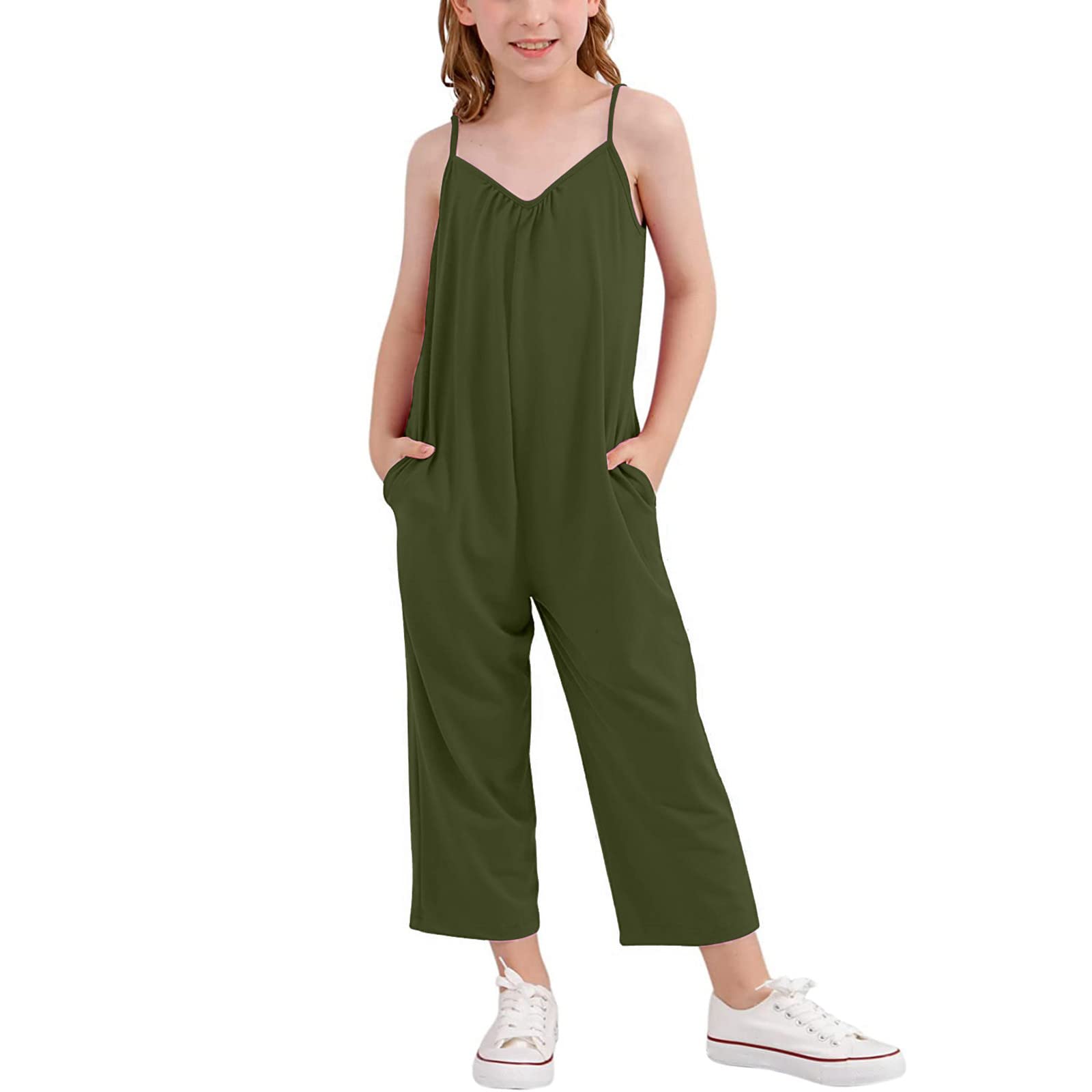 HOOUDO Niñas Sólido Casual Sin Mangas Pantalones Largos Mono Con Bolsillos Laterales Monos Roscas De