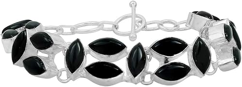 Marquise Shape Natural Gemstones 925 Silver Overlay Handmade Link Bracelet - Birthstone Bohemian Vintage Style Jewelry Statement Adjustable Bracelet