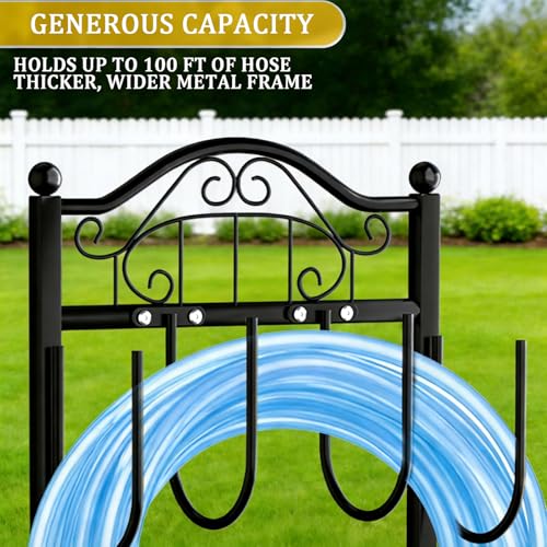 Freexployer Garden Hose Holder, Easy Coiling & Tangle-Free Metal Hose Reel, Portable Water Hose Storage Organizer for 100FT Hoses, Freestanding Hose Holder for Lawn, Yard and Garden, Black — view 4