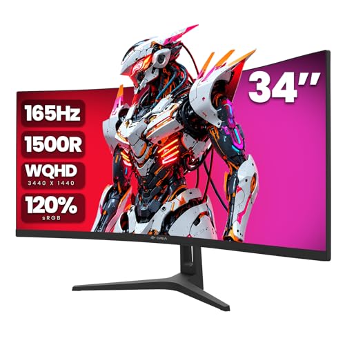 Image of CRUA 34 inch WQHD 165Hz Ultrawide Curved Gaming Monitor, 1500R, FreeSync, Black | 3440x1440 21:9, 120%sRGB, Low Blue Light, HDMI 2.1 /DP 1.4 and 75x75mm Wall Mount for PC Gaming, Streaming, Editing and Work