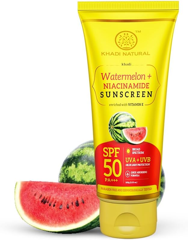 Khadi Natural Watermelon & Niacinamide Sunscreen Gel | SPF 50 PA+++ | Oil-Free, Lightweight, No White Cast | No Chemicals | For all skin types | 100 gm
