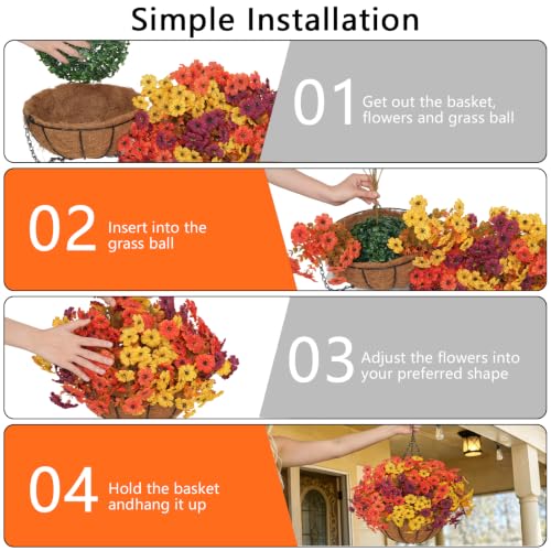 Image of 2 Set Artificial Fall Hanging Flower Baskets for Outdoor Autumn Decor, 24 Pcs Silk Mums Fake Plants for Garden Porch Patio Balcony Yard Home Decoration