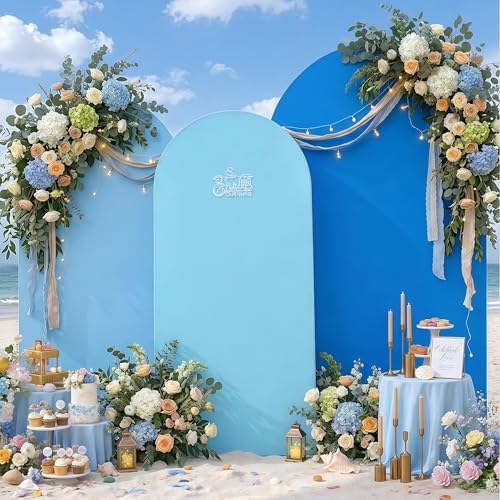 Image of 3-Pack Shades of Blue Chiara Arch Backdrop Covers, Royal & Baby Blue Spandex Covers for 6ft 6.6ft 7.2ft Frames, Stretchable Fabric for Boy Baby Shower, Birthday, Wedding (Covers Only)