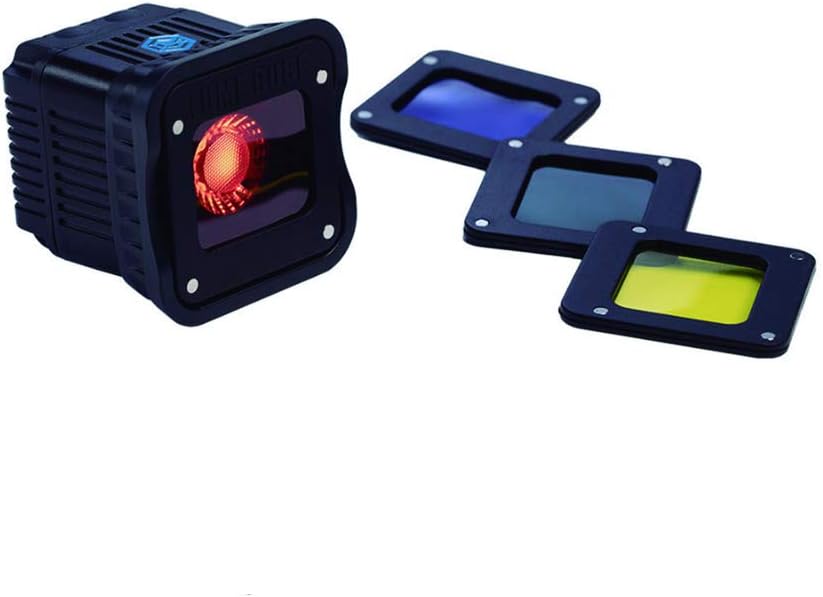 LUME CUBE 1.0 with multiple color gels (blue, red, yellow) attached