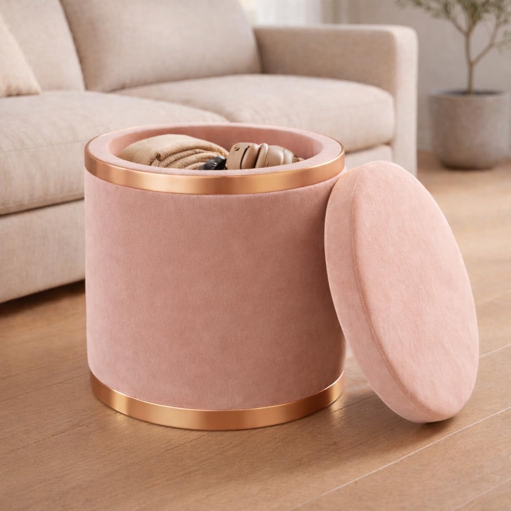 Round Velvet Luxurious Storage Ottoman, Pouf with Storage Vanity Stool Chair,Upholstered Foot Rest Stool with Gold Strip Base for Living Room or Bedroom (Pink)-image-2
