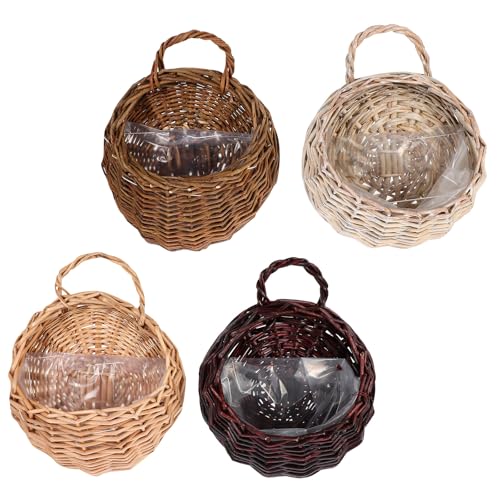 HOMSFOU Cesta Colgante Tejida a Mano de Mimbre Natural, Juego de 4 Macetas Decorativas de Pared (18 Cm y 21 Cm), Colores Variados Crema, Marrón Oscuro, Gris Envejecido, Adecuado