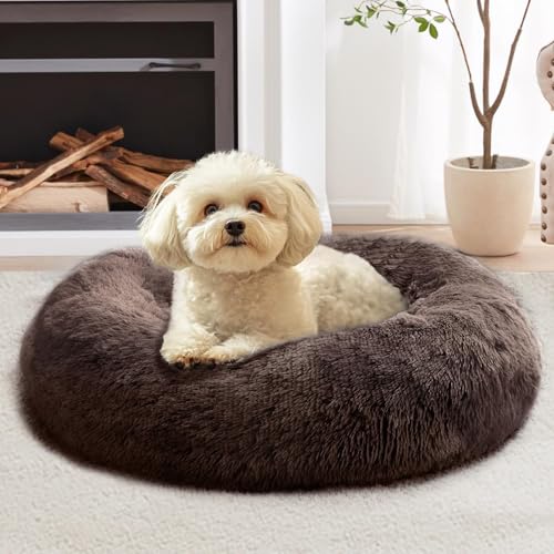 Image of JOLLYVOGUE Calming Dog Bed for Small Dogs - 23 inches Donut Washable Small Dog Bed for Kittens & Puppies, Anti-Slip Round Fluffy Plush Faux Fur Cat Beds (Fits up to 25 lbs Pets)