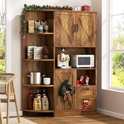 SUNLEI Farmhouse Tall Kitchen Hutch, Kitchen Pantry Storage Cabinet, Kitchen Storage Pantry with Microwave Shelf, Multi-Functional Kitchen Organizers with Cupboard & Drawers for Dining Room, Brown Cover
