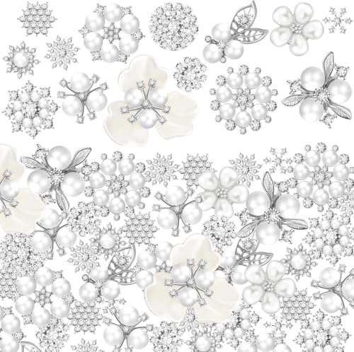 Wavwavw 20 Pcs Rhinestone Buttons Faux Pearl Buttons Flower Flat Back Embellishment Appliques for Craft Jewelry Making DIY Wedding Decor Bouquet Hair Clothes Bag Shoe Home Party