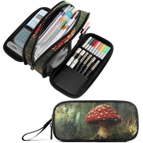 Image of Fustylead Retro Aesthetic Amanita Mushroom Oil Painting Pencil Pen Case Stationery Bag 3 Compartments School College Office Organizer Cosmetics Bag