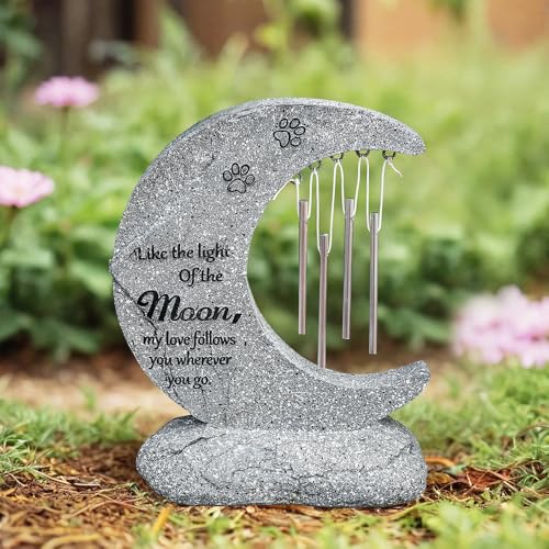 jinhuoba Moon Shaped Pet Dog Memorial Garden Stones Headstones, Grave Stones Tombstones with Wind Chime for Pet Dog Loss Sympathy Gifts Memorial Loss Gifts Outdoors, 6.3