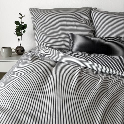 Magano® Luxus Bettwäsche 135x200 Streifen Grau/Weiß | Bambus & Baumwolle Satin | 400 TC Premiumqualität | Hypoallergen & Klimaregulierend | Deckenbezug 135x200 cm + Kissenbezug 80x80 cm | Off-White