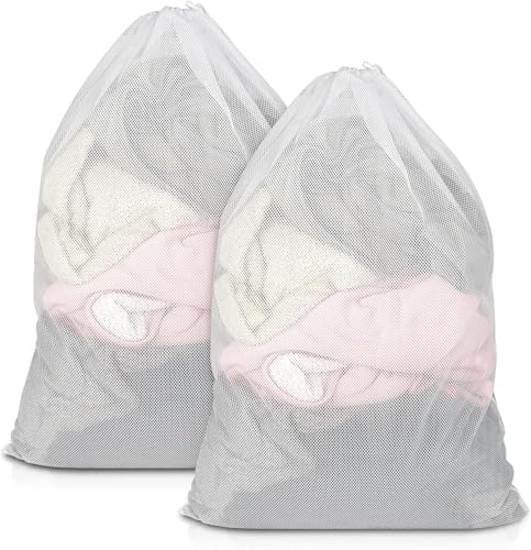 Image of MUTMAIN Mesh laundry Bag for washing machine Large, Clothes Organizer Pack of 2, Foldable Mesh Laundry Bag with drawstring closure, Cloth Storage Organizer, Travel Pouch Packing Bags (White Pack of 2)