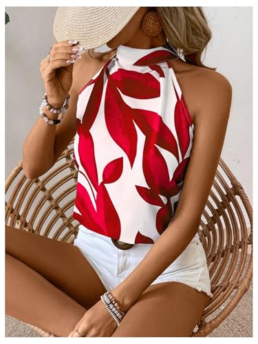 SweatyRocks Women's Boho Printed Halter Top Tie Mock Neck Sleeveless Blouses3
