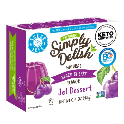 Simply Delish Natural Black Cherry Jel Dessert with Probiotics - Sugar Free, Non GMO, Gluten Free, Fat Free, Vegan, Keto Friendly - 0.7 OZ (Pack of 6)