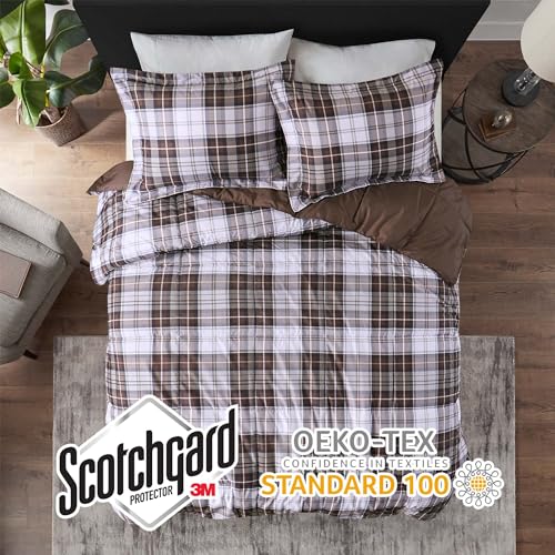 Image of Madison Park Essentials Parkston Plaid Comforter, Matching Sham, 3M Scotchguard Stain Release Cover, Hypoallergenic All Season Bedding-Set, Twin / Twin XL, Brown, 2 Piece