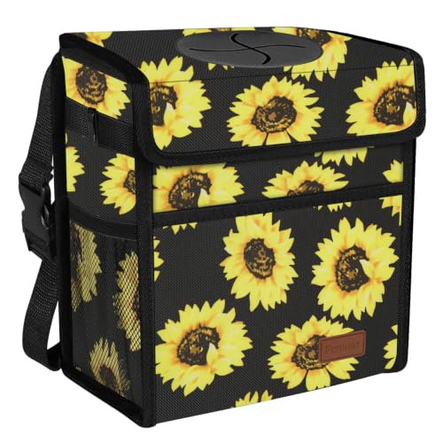 Image of Femuar Leak Proof Car Trash Can with Lid, Collapsible Hanging Waterproof Car Trash Bag with Mesh Pocket for SUV Front Seat Headrest, Large /Sunflower