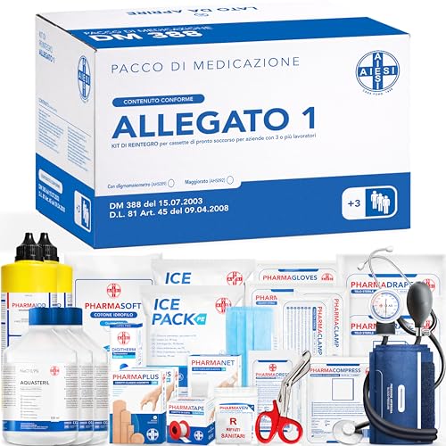 AIESI® kit di reintegro ALLEGATO 1 CON SFIGMOMANOMETRO pacco medicazione per cassetta di pronto soccorso aziende più 3 dipendenti, Conforme DM388/DL81, Made in Italy