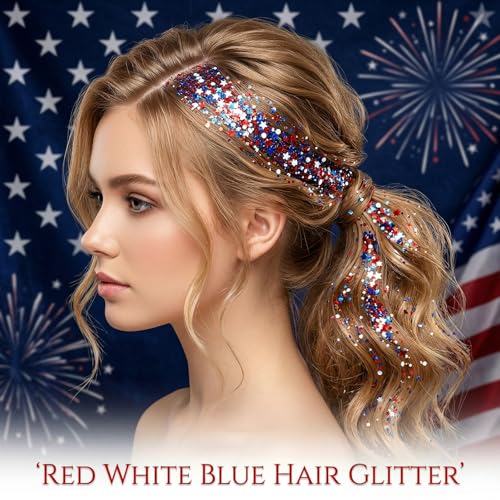 4th of July Hair Glitter Stick with Star,Red White Blue Face Glitter Stick,Fourth of July Body Glitter,Patriotic Outfits and 250th Anniversary Accessories,Independence Day Sparkling Makeup for Women — view 4