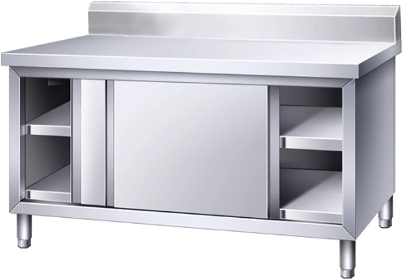 Stainless Steel Kitchen Prep Table with Double Door Storage Cabinet, Multi-functional Work Table for Restaurant, Garage, Laundry or Home