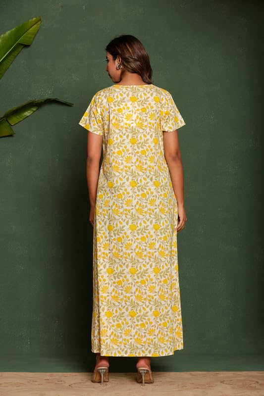 Image of NIHSAMAH Cotton Nighty for Women - Embroidered & Printed Stylish Night Gown, Comfortable Sleepwear Long Nightwear, Maxi
