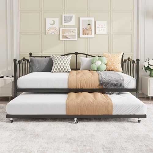 Image of GarveeHome Twin Daybed with Trundle, Metal Sofa Bed Frame with Steel Slat Support, Twin Size Space-Saving Furniture for Living Room, Bedroom, Love Heart Design, No Box Spring Needed, Black | With Steel Slat Support, Twin Size Space-Saving Furniture for Living Room, Bedroom, Love Heart Design, No Box Spring Needed